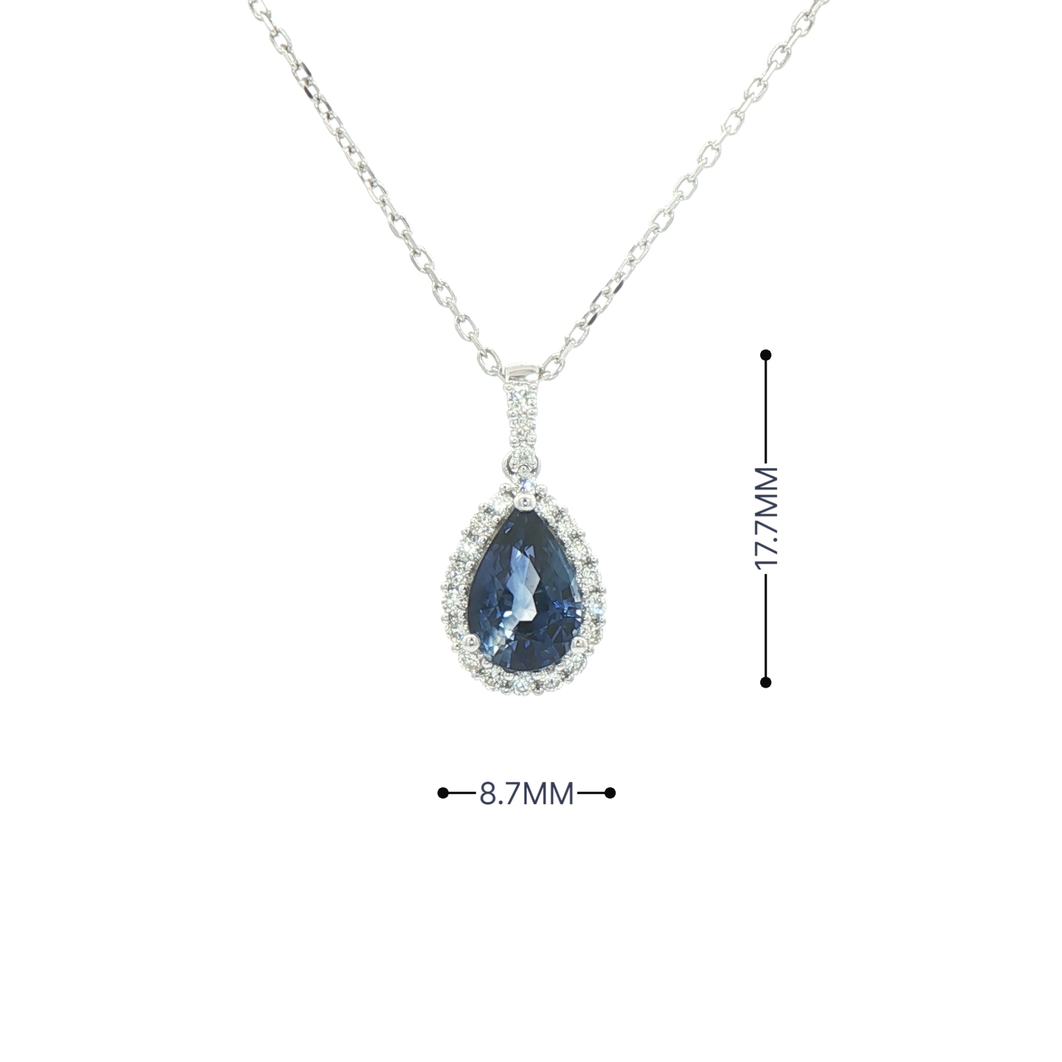 1.57ct Pear Cut Sapphire & 0.25ct Diamond Pendant in 18ct White Gold