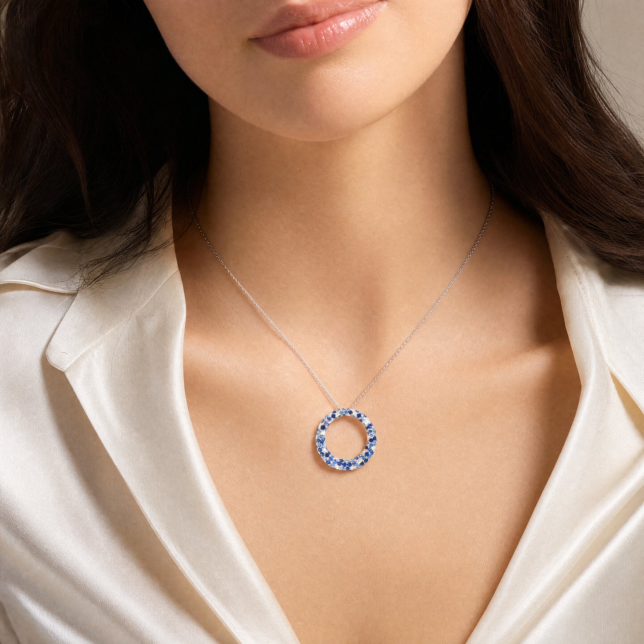 3.63ct Multi Sapphire and 0.17ct Natural Diamond Large Hoop Pendant in 18ct White Gold