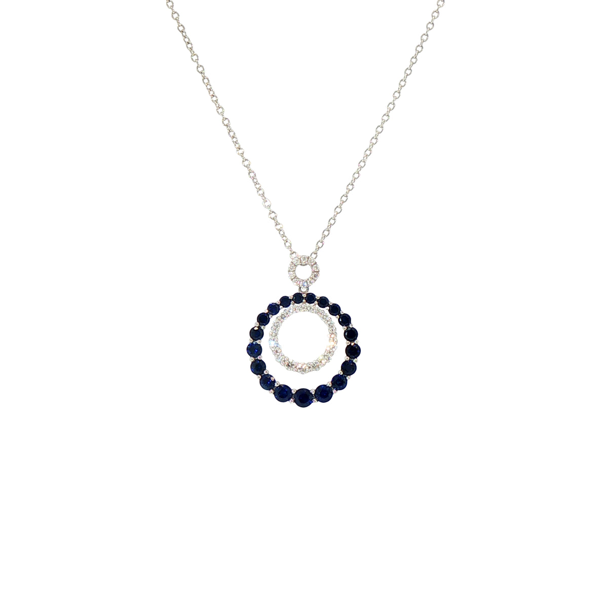 Sapphire and Natural Diamond Double Circle Pendant in 18ct White Gold