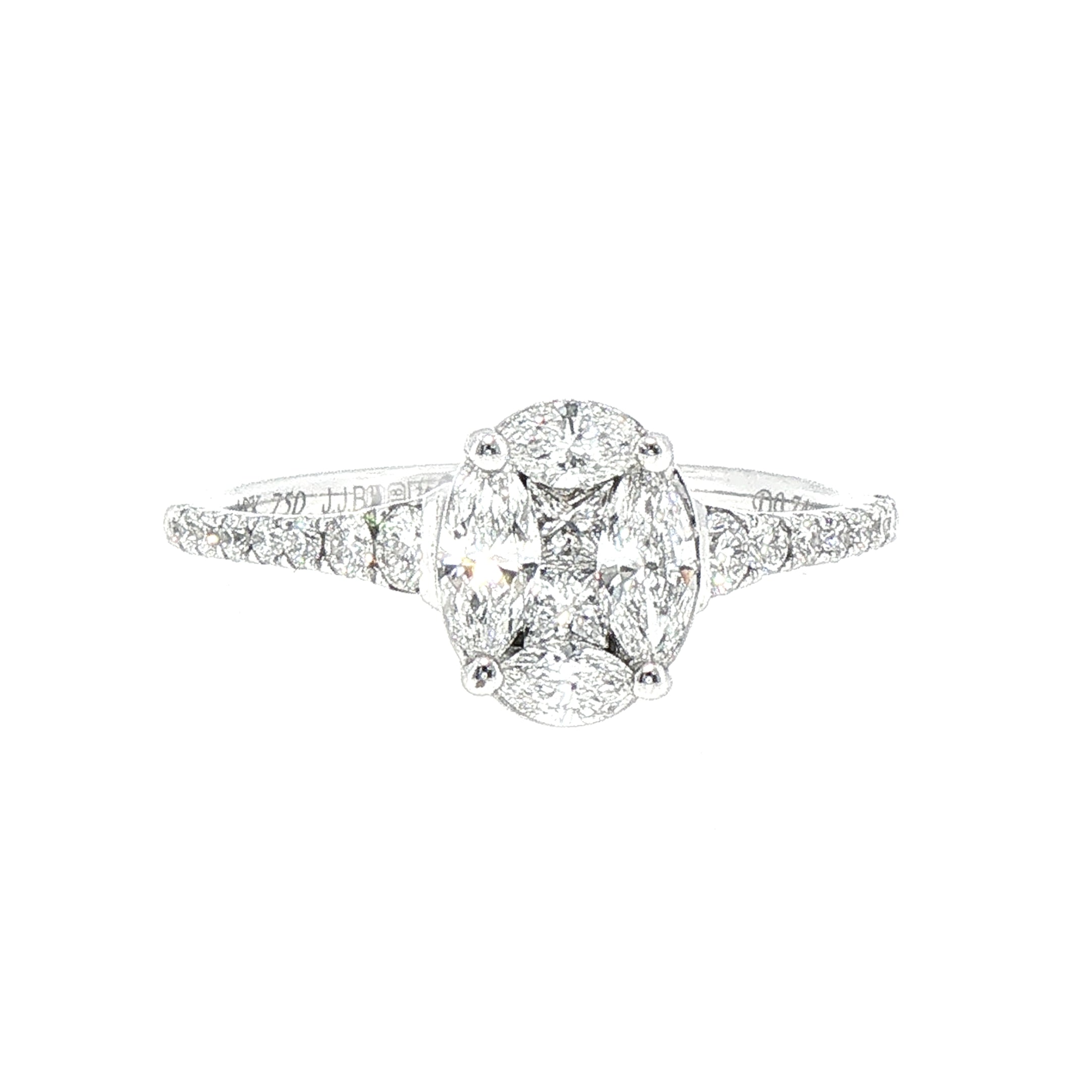 0.75ct Oval Cluster Solitaire Ring With Diamond Shoulders Set In 18ct White Gold
