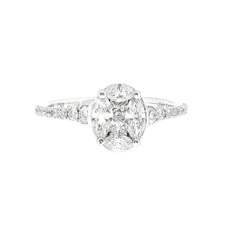 0.75ct Oval Cluster Solitaire Ring With Diamond Shoulders Set In 18ct White Gold