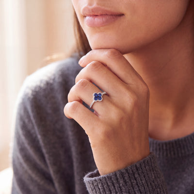 0.74ct Sapphire & 0.42ct Natural Diamond Flower Style Dress Ring in 18ct White Gold