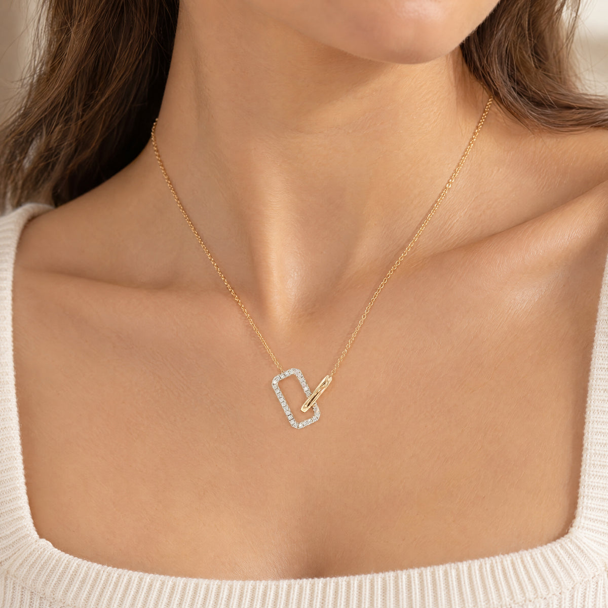 Natural Diamond Set Rectangle and Oval Interlink Pendant in 9ct Yellow Gold