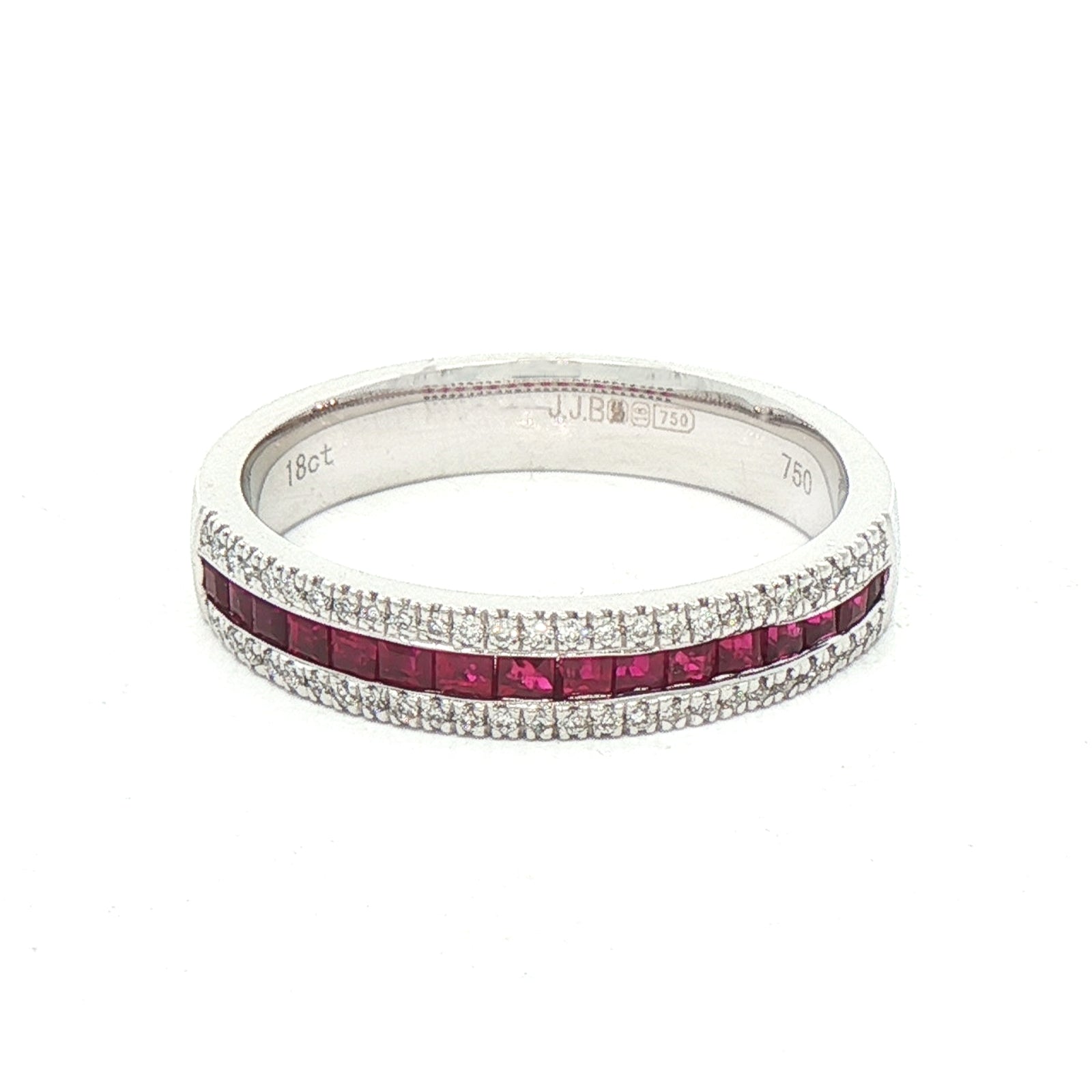 0.48ct Princess Cut Ruby & 0.11ct Natural Diamond Three Row Ring in 18ct White Gold