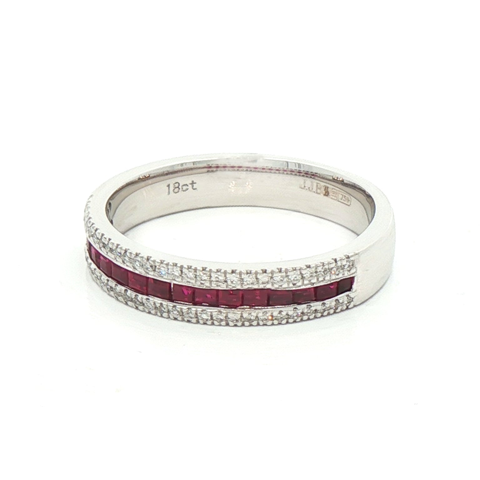 0.48ct Princess Cut Ruby & 0.11ct Natural Diamond Three Row Ring in 18ct White Gold