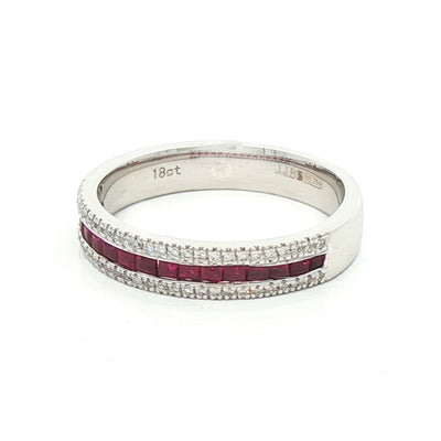 0.48ct Princess Cut Ruby & 0.11ct Natural Diamond Three Row Ring in 18ct White Gold