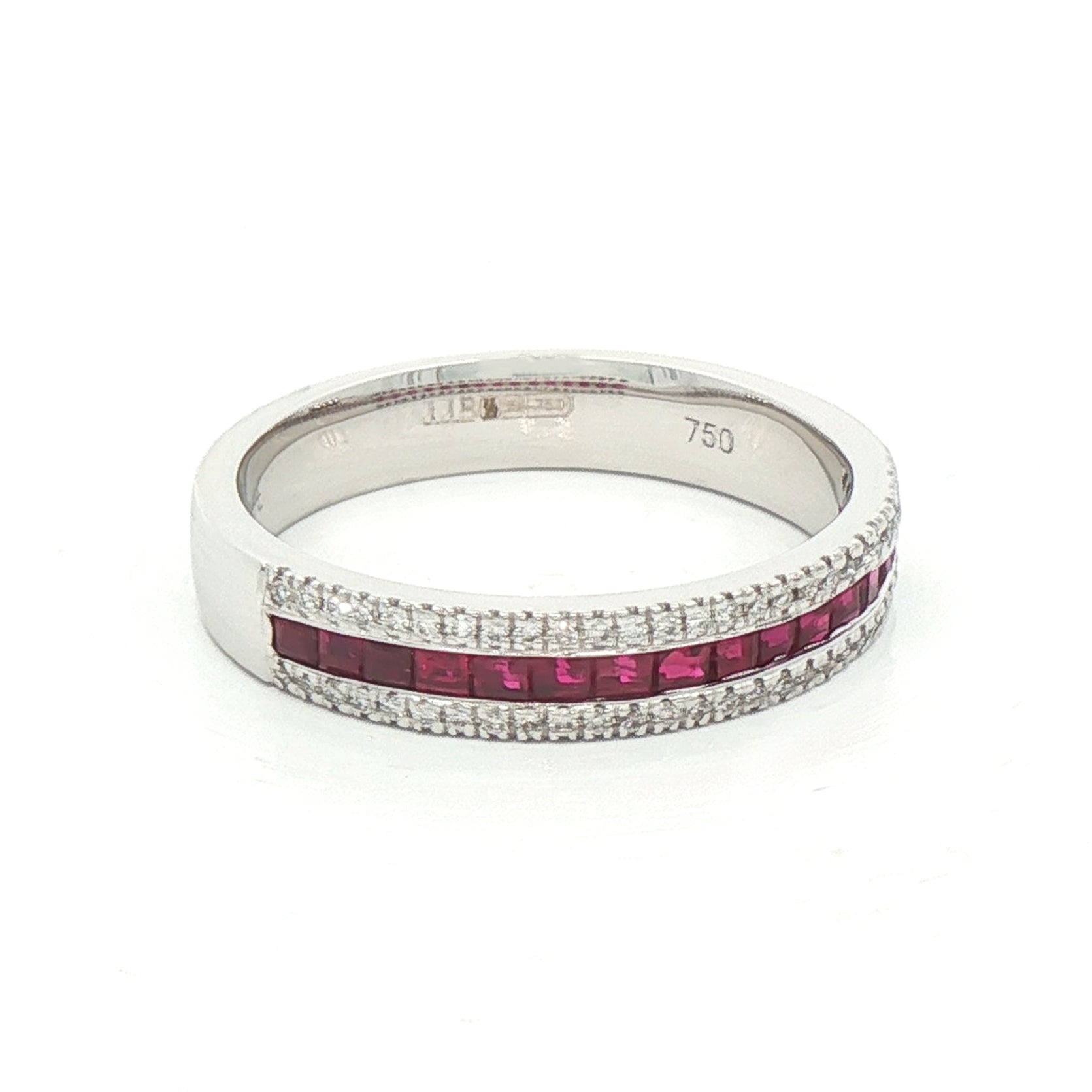 0.48ct Princess Cut Ruby & 0.11ct Natural Diamond Three Row Ring in 18ct White Gold