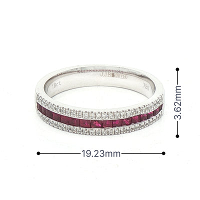0.48ct Princess Cut Ruby & 0.11ct Natural Diamond Three Row Ring in 18ct White Gold