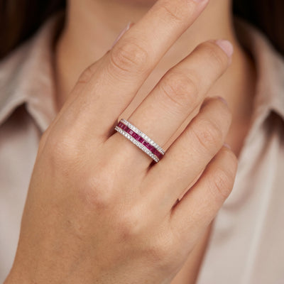0.48ct Princess Cut Ruby & 0.11ct Natural Diamond Three Row Ring in 18ct White Gold