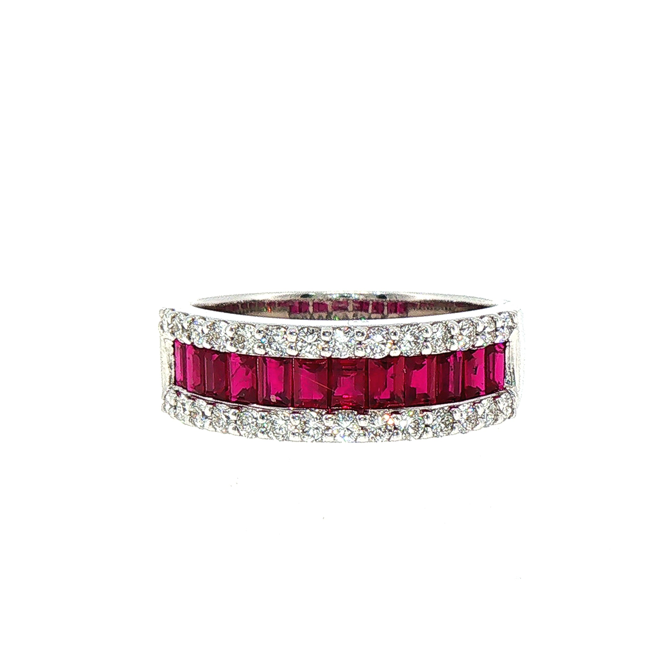 1.06ct Ruby & 0.48ct Natural Diamond Three Row Dress Ring in 18ct White Gold