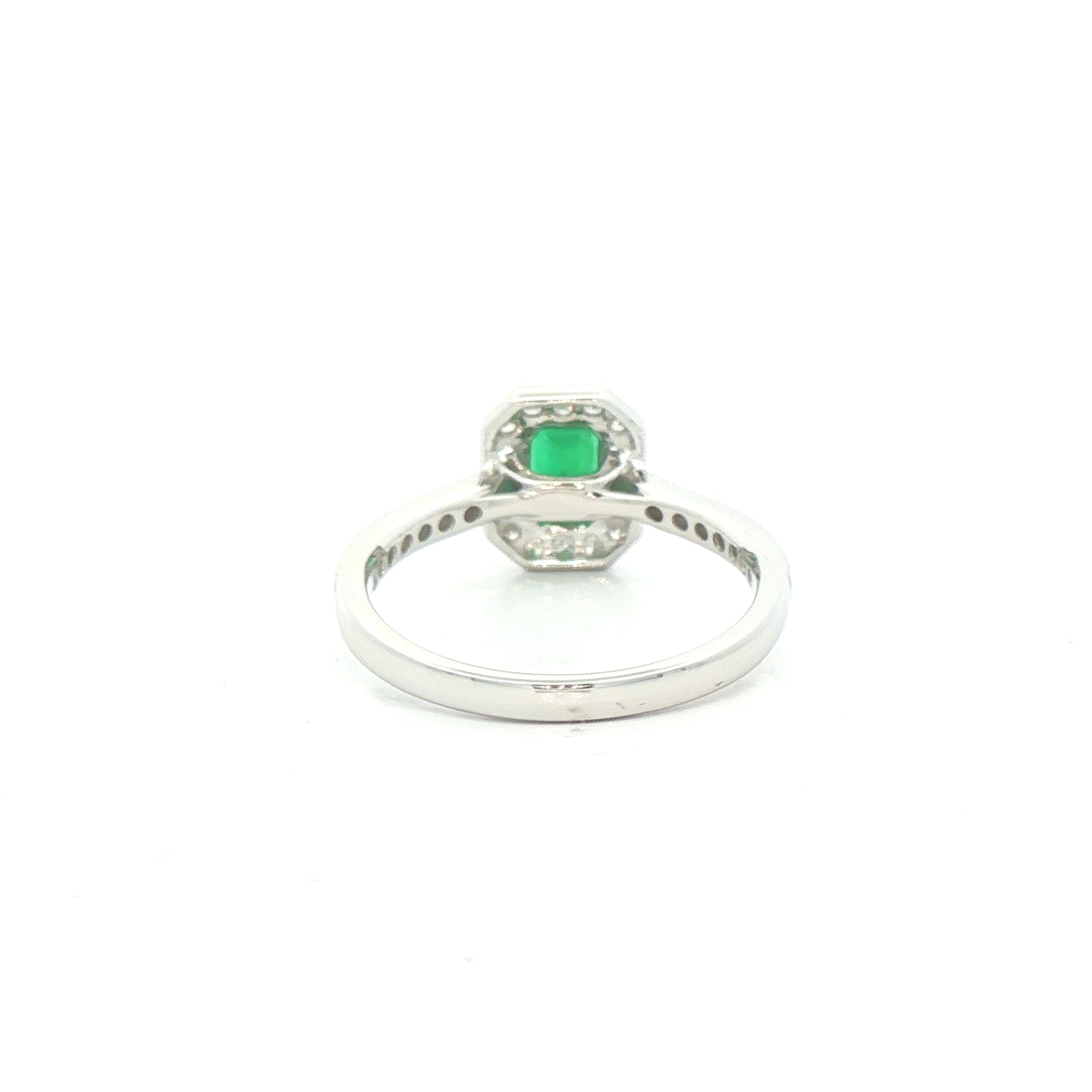 0.90ct Emerald & 0.48ct Natural Diamond Halo Ring with Diamond Shoulders in 18ct White Gold