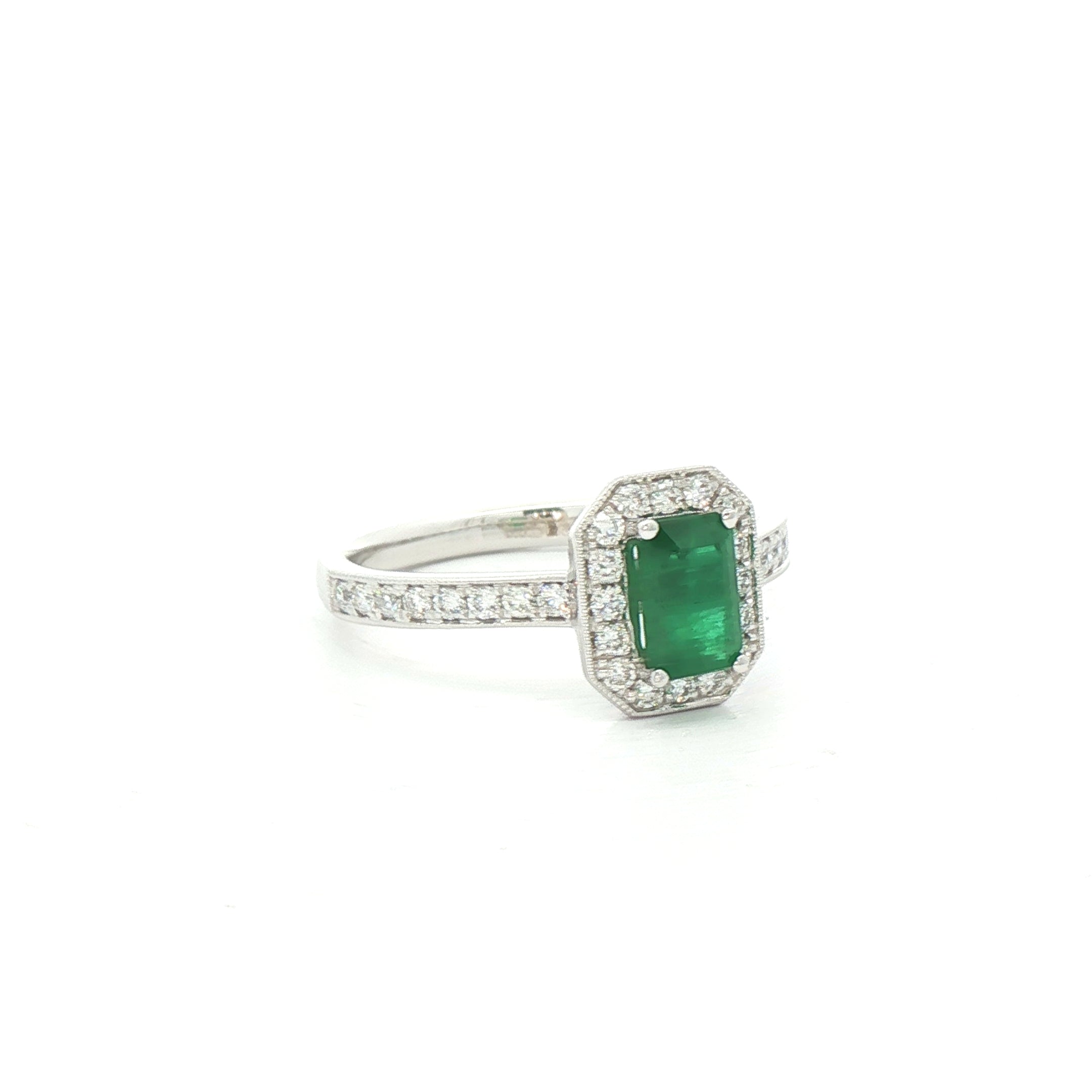0.90ct Emerald & 0.48ct Natural Diamond Halo Ring with Diamond Shoulders in 18ct White Gold
