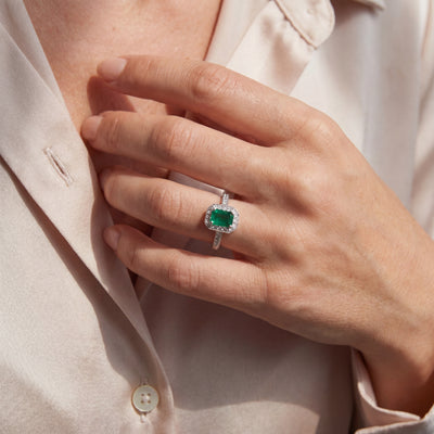 0.90ct Emerald & 0.48ct Natural Diamond Halo Ring with Diamond Shoulders in 18ct White Gold