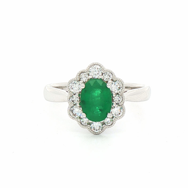 18ct White Gold Emerald and Natural Diamond Oval Cluster Ring