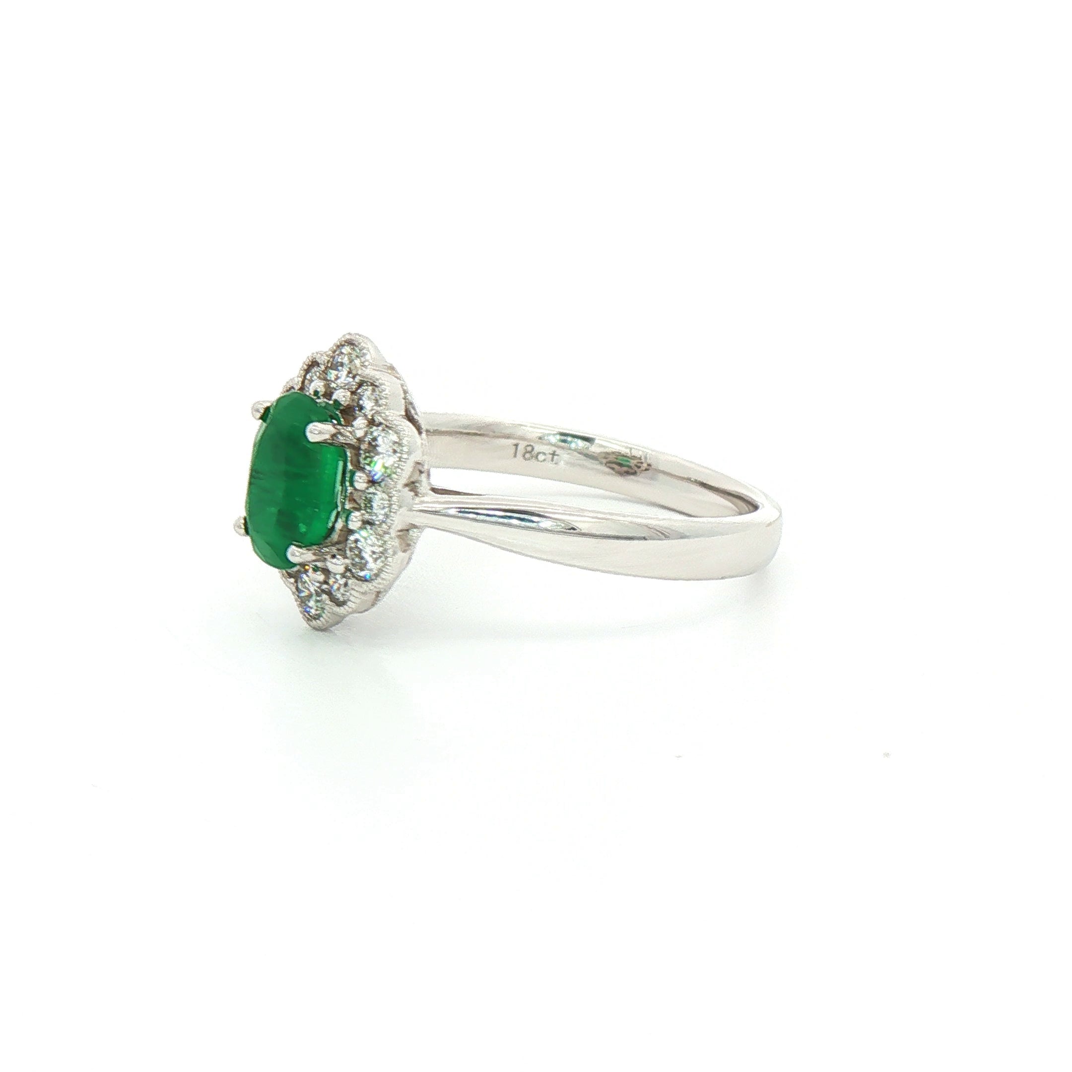18ct White Gold Emerald and Natural Diamond Oval Cluster Ring
