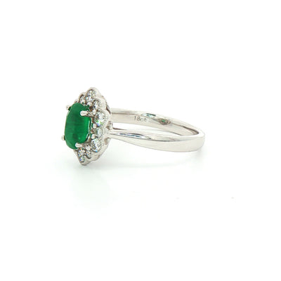 18ct White Gold Emerald and Natural Diamond Oval Cluster Ring