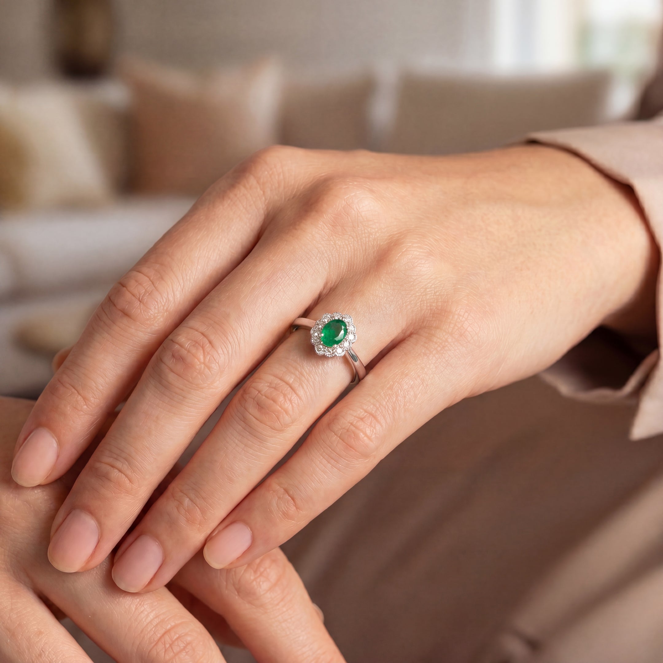 18ct White Gold Emerald and Natural Diamond Oval Cluster Ring