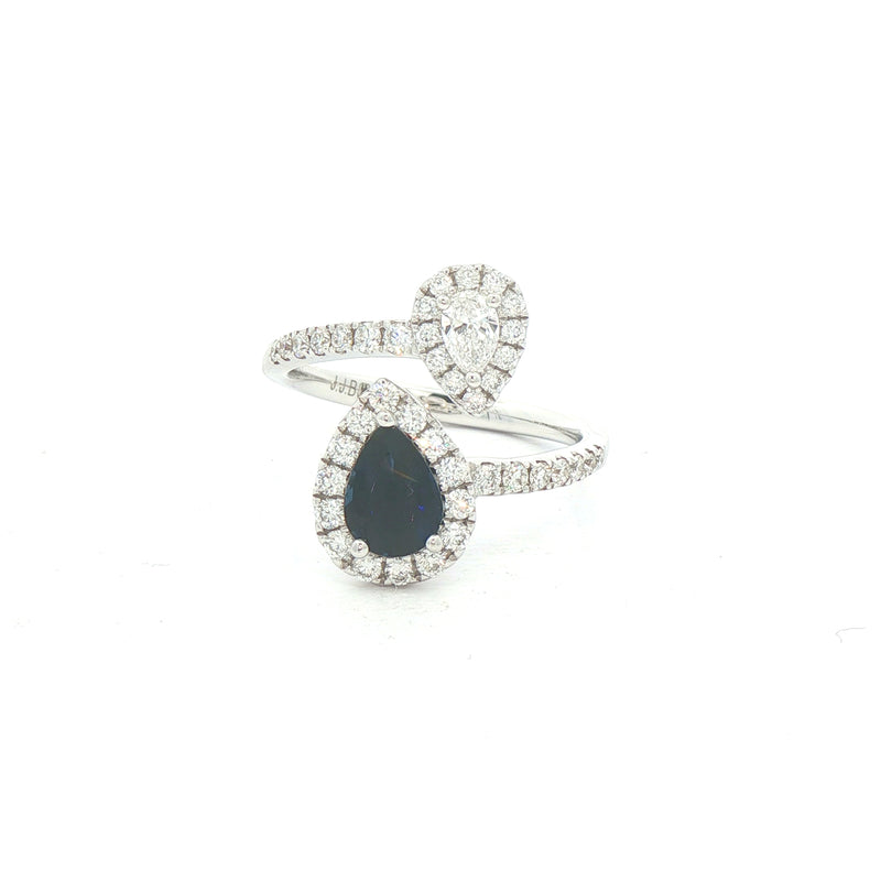 0.98ct Pear Cut Sapphire and Pear Cut Natural Diamond Moi et Toi Ring in 18ct White Gold