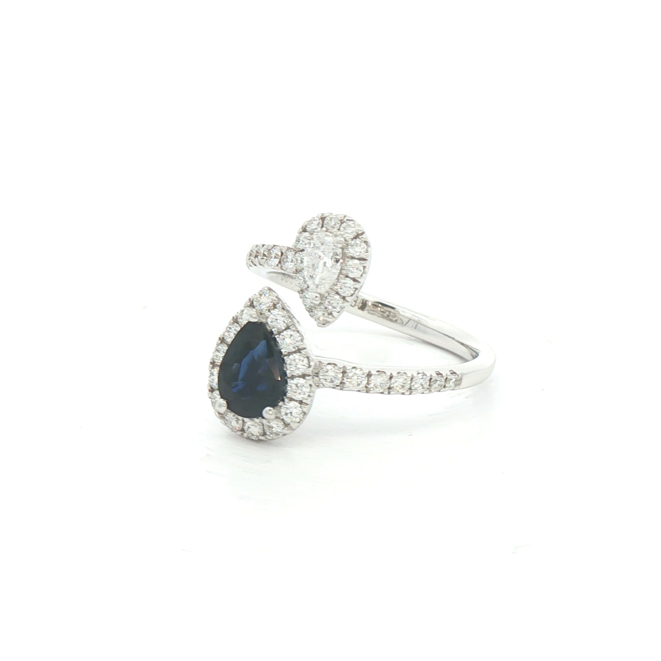 0.98ct Pear Cut Sapphire and Pear Cut Natural Diamond Moi et Toi Ring in 18ct White Gold