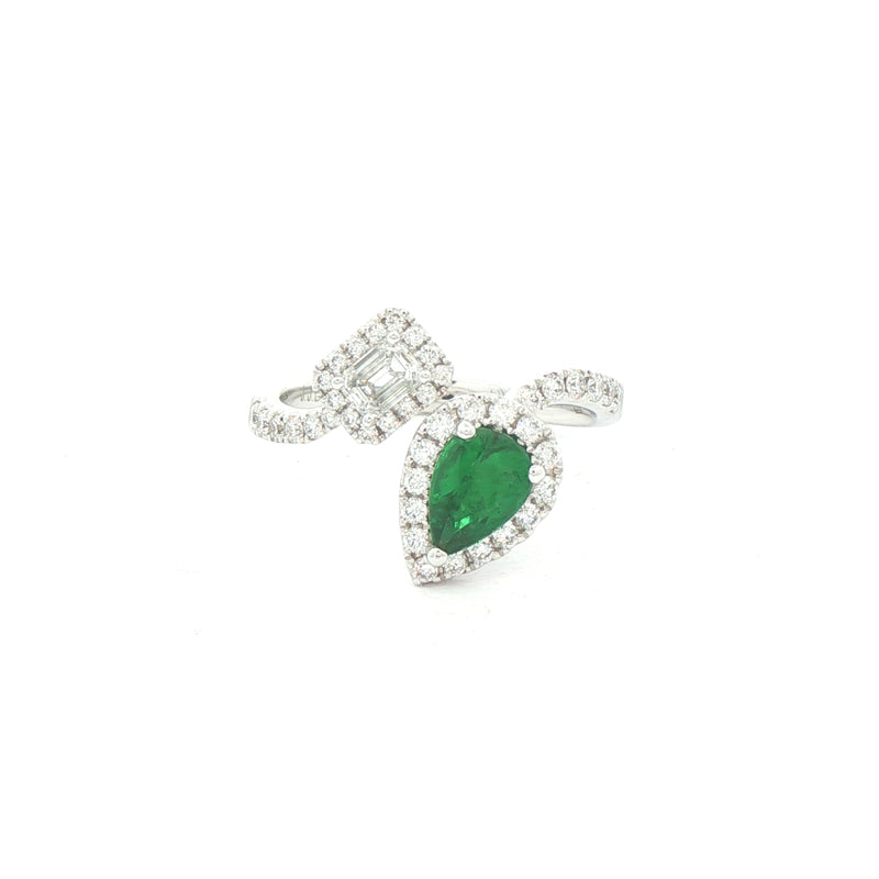 0.63ct Pear Cut Emerald and Emerald Cut Natural Diamond Moi et Toi Ring in 18ct White Gold