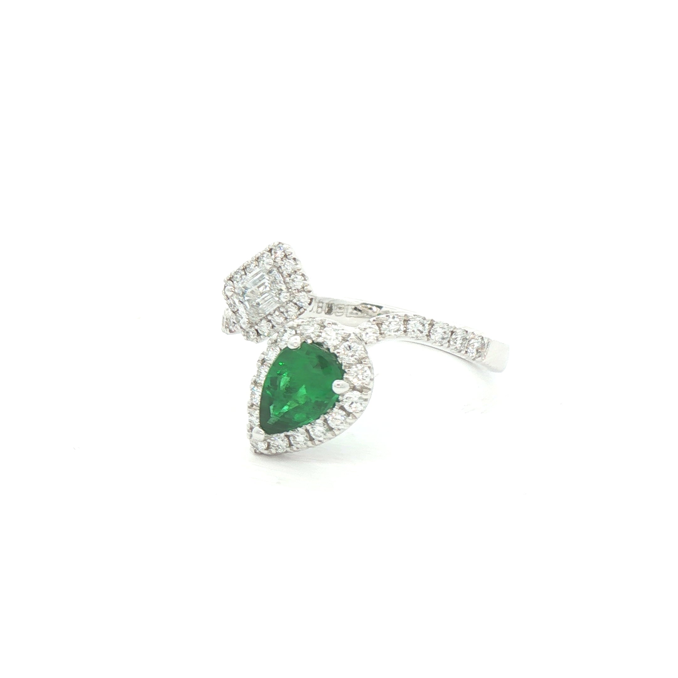 0.63ct Pear Cut Emerald and Emerald Cut Natural Diamond Moi et Toi Ring in 18ct White Gold