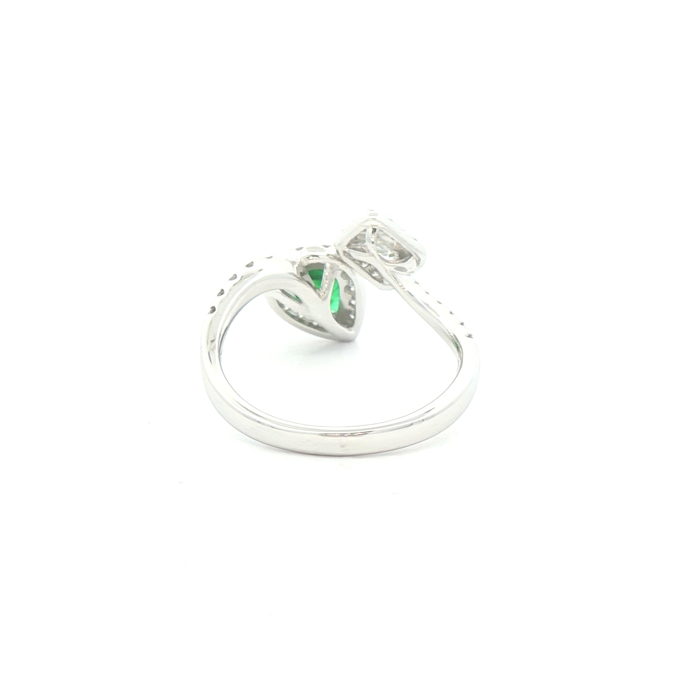 0.63ct Pear Cut Emerald and Emerald Cut Natural Diamond Moi et Toi Ring in 18ct White Gold