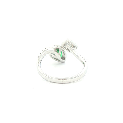 0.63ct Pear Cut Emerald and Emerald Cut Natural Diamond Moi et Toi Ring in 18ct White Gold