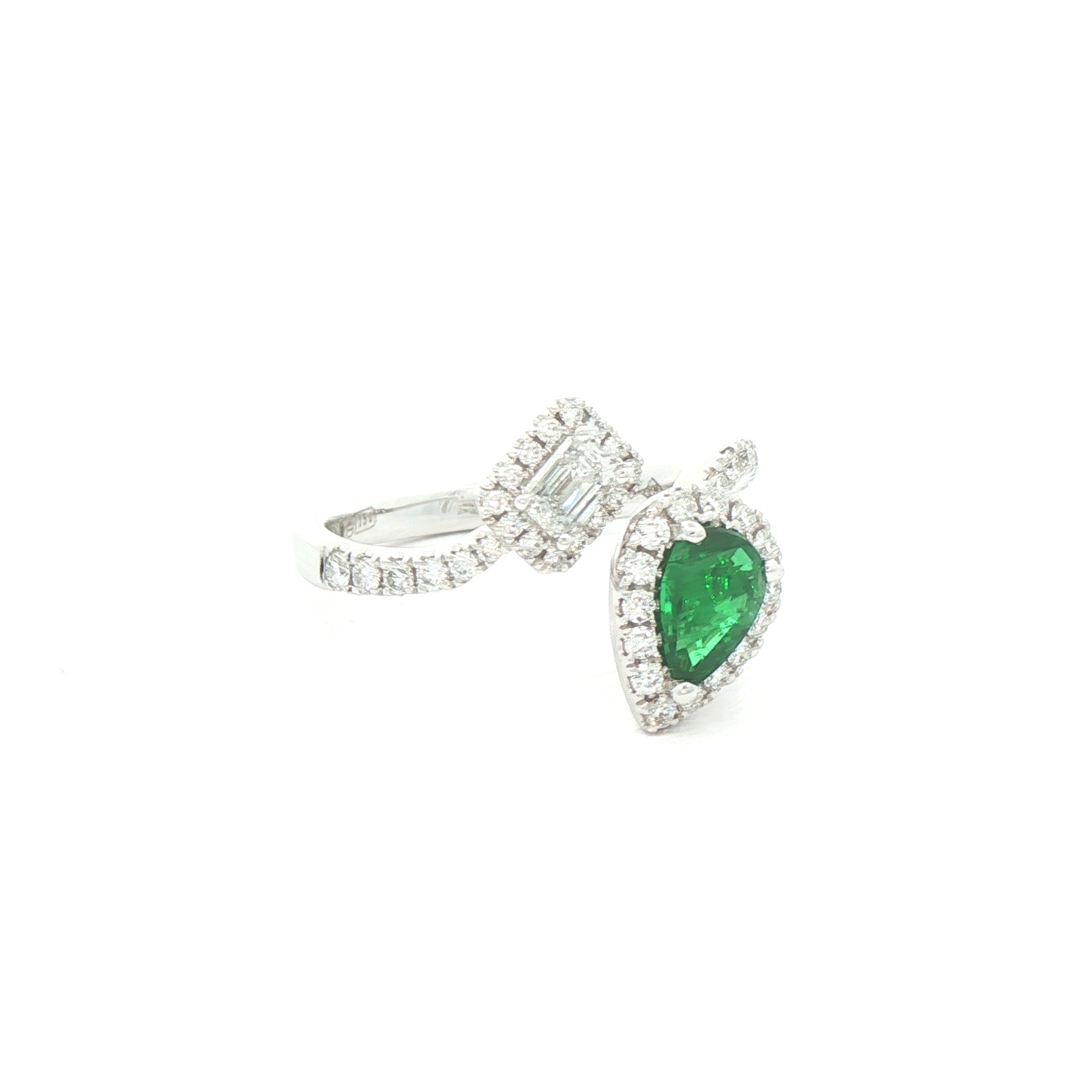 0.63ct Pear Cut Emerald and Emerald Cut Natural Diamond Moi et Toi Ring in 18ct White Gold