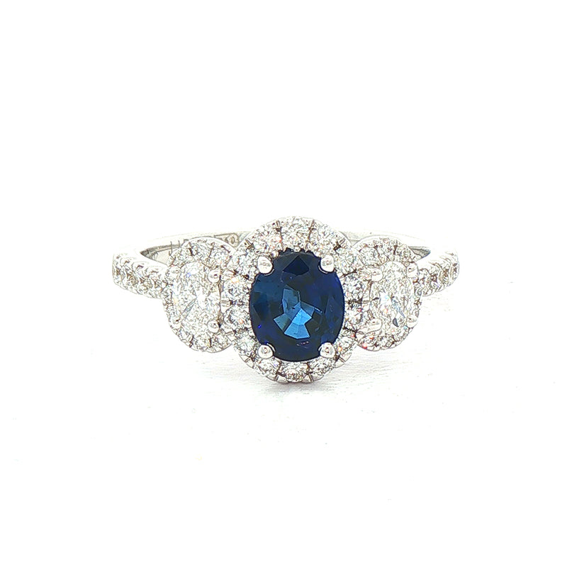 0.92ct Oval Sapphire & 0.65ct Natural Diamond Halo Three Stone in 18ct White Gold