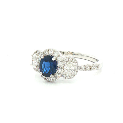 0.92ct Oval Sapphire & 0.65ct Natural Diamond Halo Three Stone in 18ct White Gold