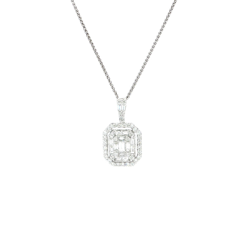 1.01ct Natural Diamond Multi Stone Emerald Shaped Halo Diamond Pendant in 18ct White Gold