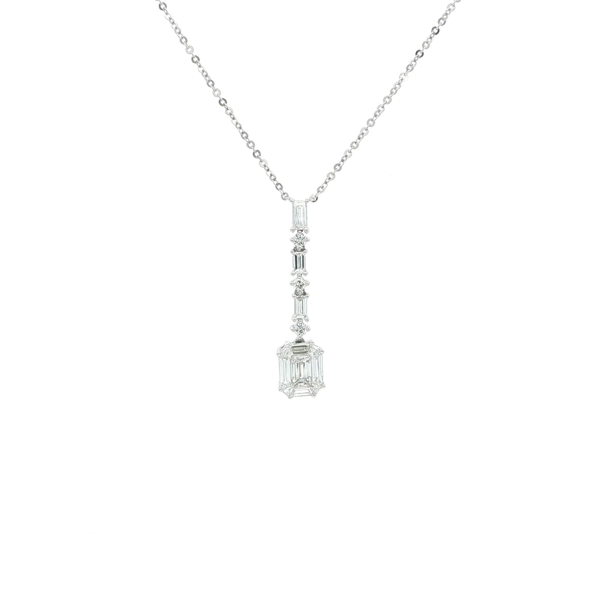 Emerald Cut Natural Diamond & Natural Diamond Baguette Drop Pendant in 18ct White Gold