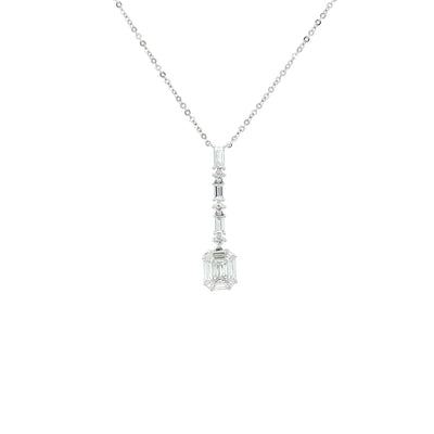 Emerald Cut Natural Diamond & Natural Diamond Baguette Drop Pendant in 18ct White Gold