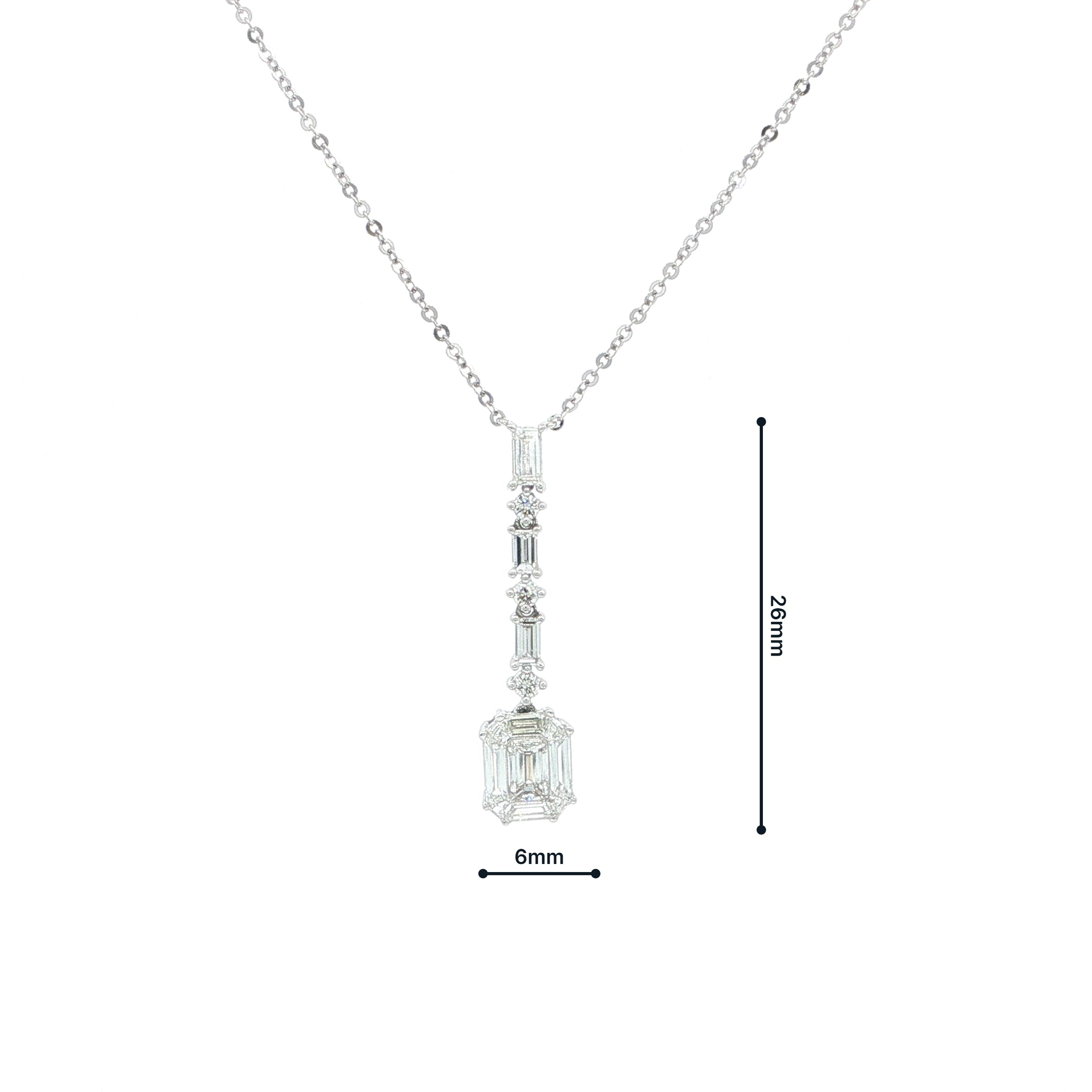 Emerald Cut Natural Diamond & Natural Diamond Baguette Drop Pendant in 18ct White Gold
