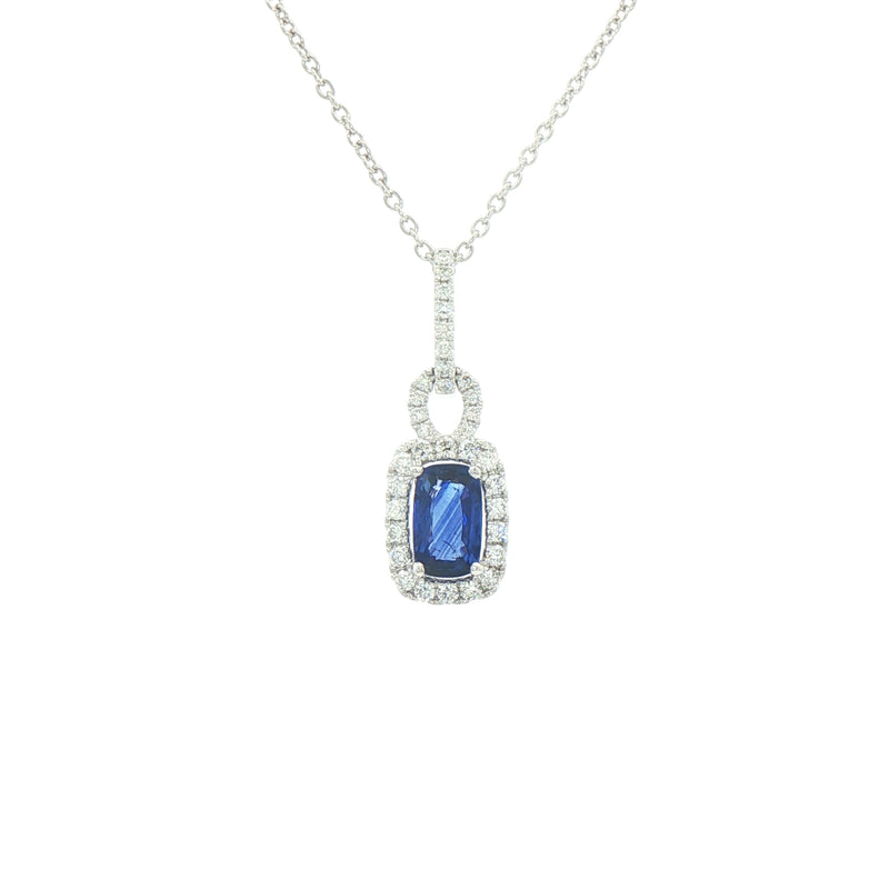 1.04ct Sapphire and 0.30ct Diamond Rectangular Halo Pendant in 18ct White Gold