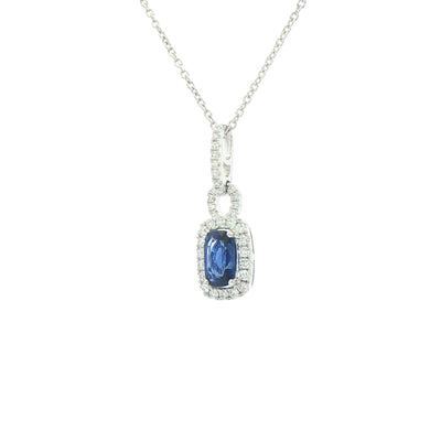 1.04ct Sapphire and 0.30ct Diamond Rectangular Halo Pendant in 18ct White Gold