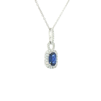 1.04ct Sapphire and 0.30ct Diamond Rectangular Halo Pendant in 18ct White Gold
