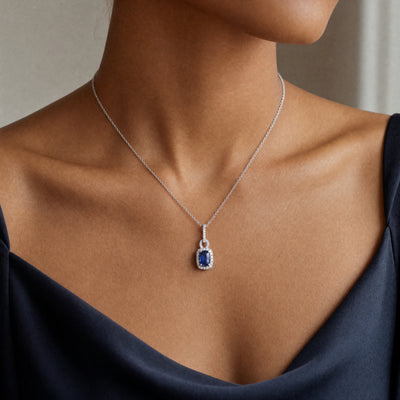 1.04ct Sapphire and 0.30ct Diamond Rectangular Halo Pendant in 18ct White Gold
