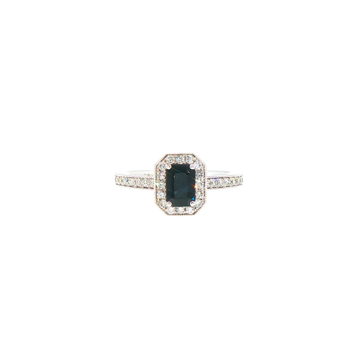 0.80ct Emerald Cut Sapphire & 0.29ct Natural Diamond Halo Cluster with Shoulders in 18ct White Gold