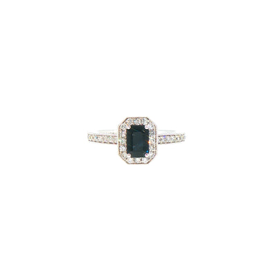 0.80ct Emerald Cut Sapphire & 0.29ct Natural Diamond Halo Cluster with Shoulders in 18ct White Gold