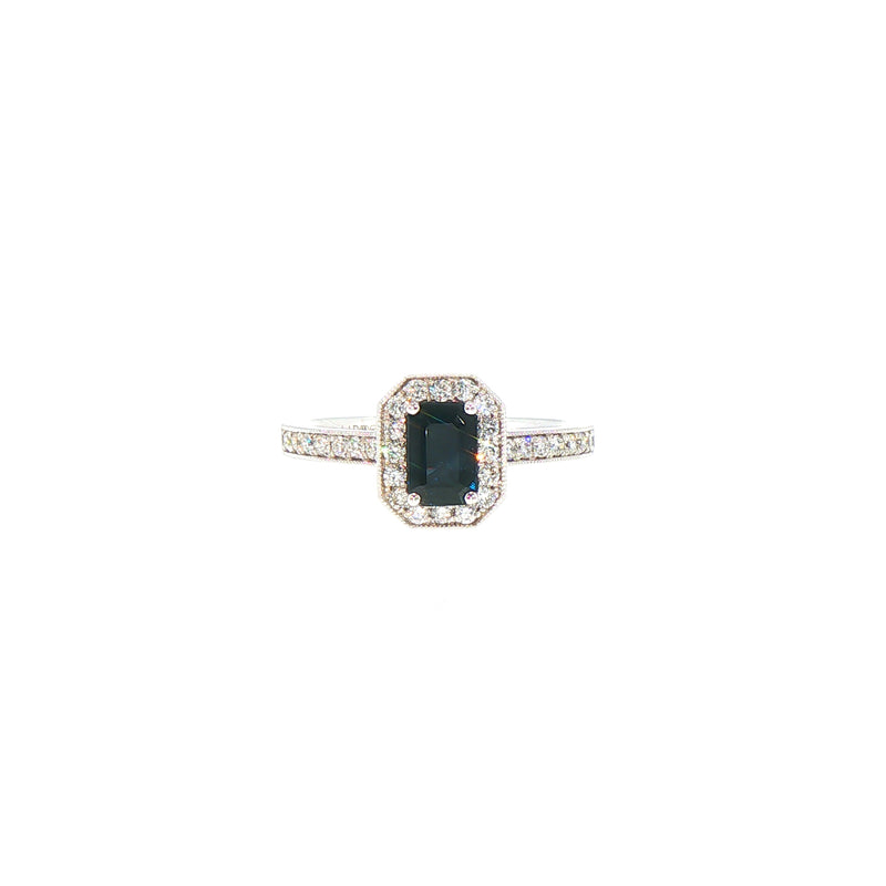 0.80ct Emerald Cut Sapphire & 0.29ct Natural Diamond Halo Cluster with Shoulders in 18ct White Gold