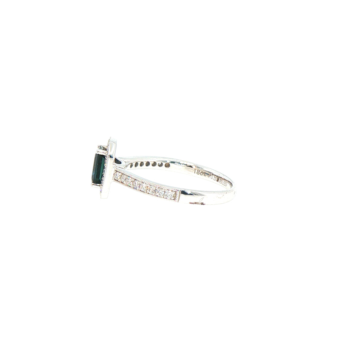 0.80ct Emerald Cut Sapphire & 0.29ct Natural Diamond Halo Cluster with Shoulders in 18ct White Gold
