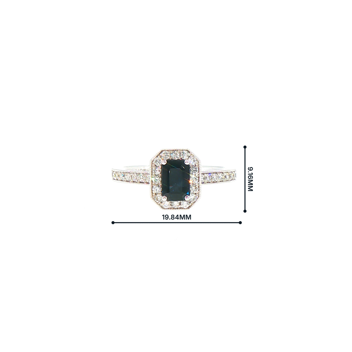 0.80ct Emerald Cut Sapphire & 0.29ct Natural Diamond Halo Cluster with Shoulders in 18ct White Gold