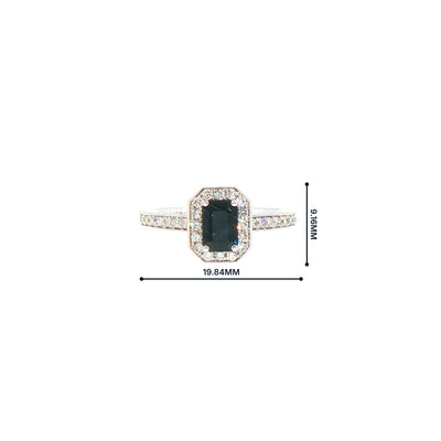 0.80ct Emerald Cut Sapphire & 0.29ct Natural Diamond Halo Cluster with Shoulders in 18ct White Gold