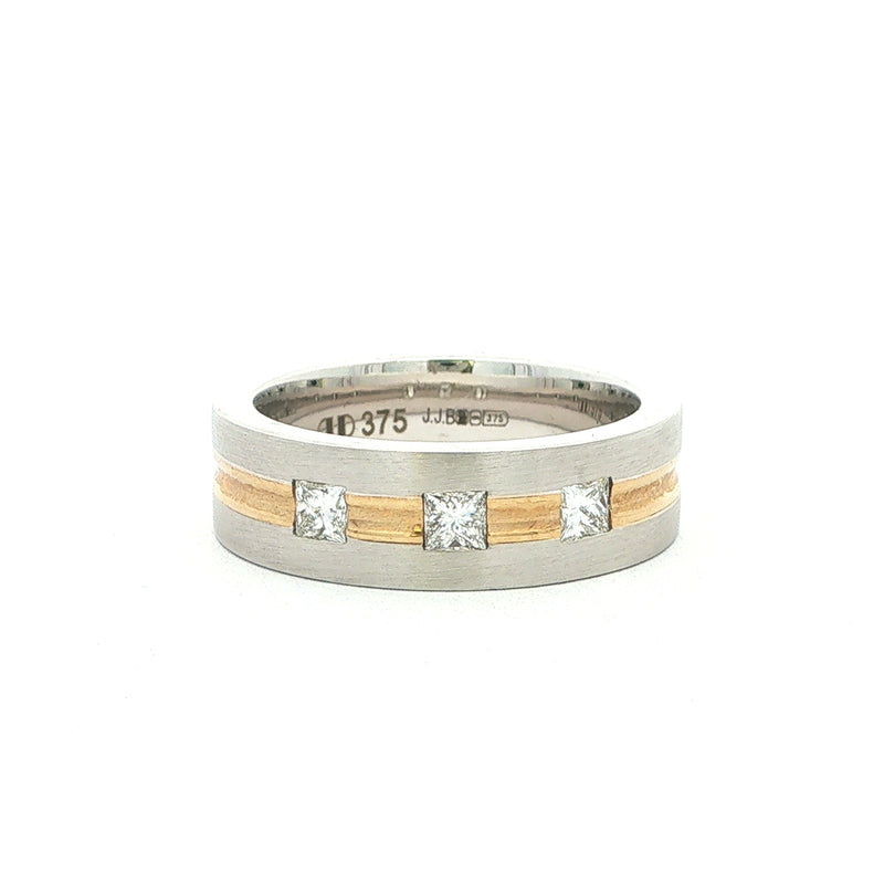 1.04ct 3 stone Princess cut natural diamond set wedding band in 9ct two tone