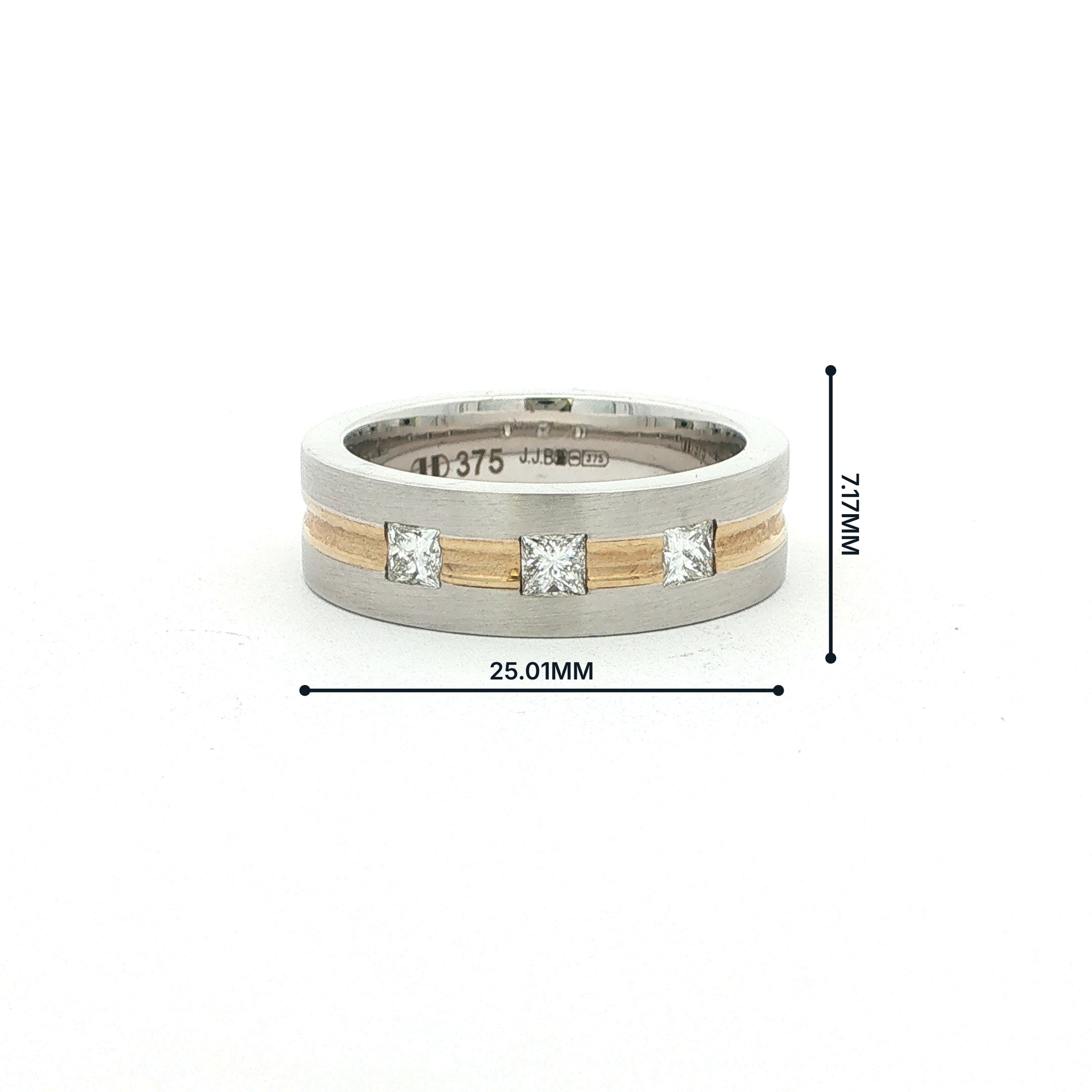 1.04ct 3 stone Princess cut natural diamond set wedding band in 9ct two tone