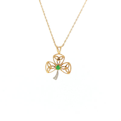 Emerald and Natural Diamond Shamrock Pendant in 14ct Yellow Gold