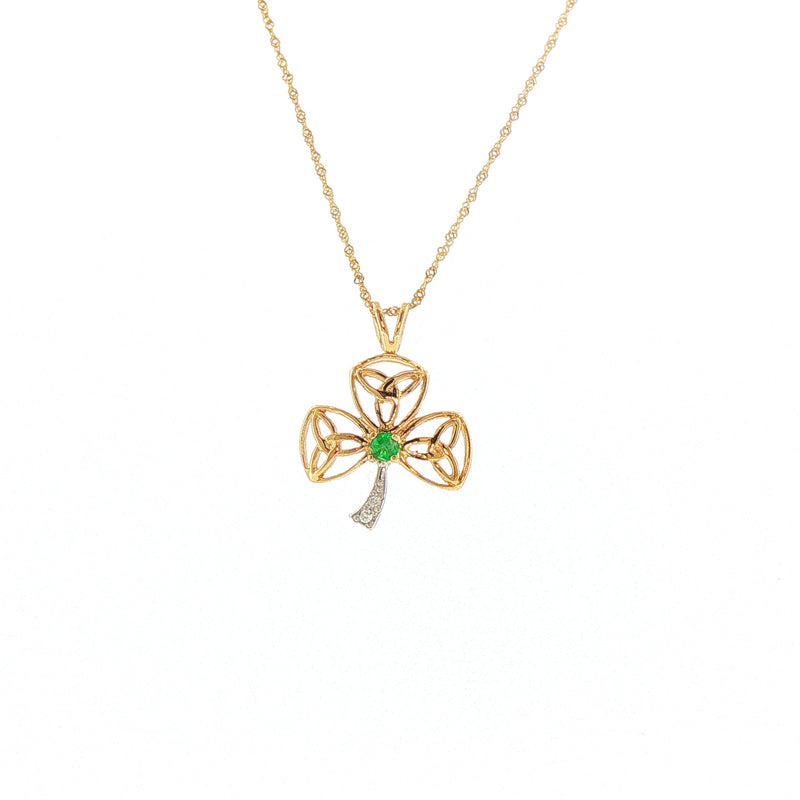 Emerald and Natural Diamond Shamrock Pendant in 14ct Yellow Gold