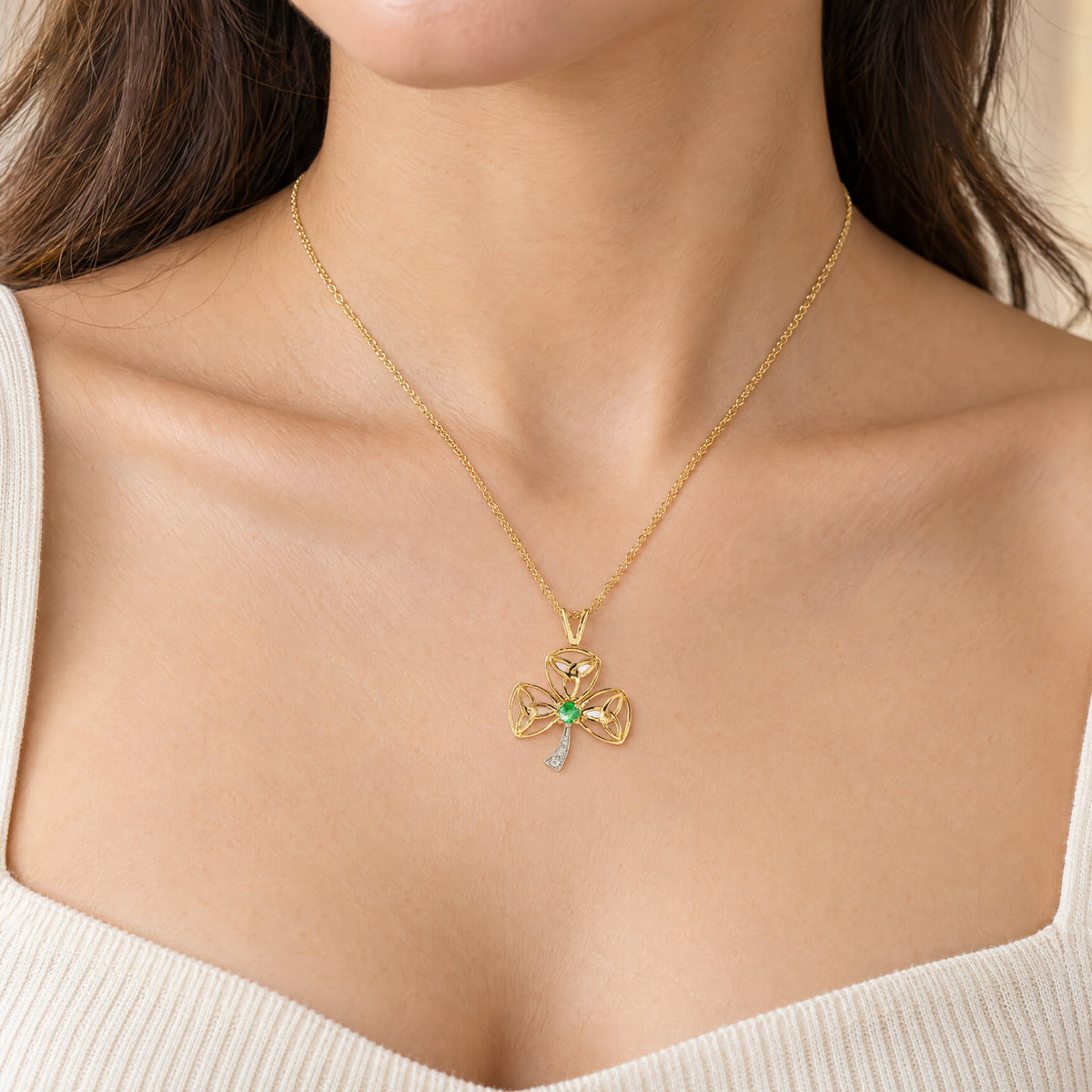 Emerald and Natural Diamond Shamrock Pendant in 14ct Yellow Gold