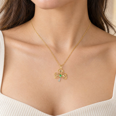 Emerald and Natural Diamond Shamrock Pendant in 14ct Yellow Gold